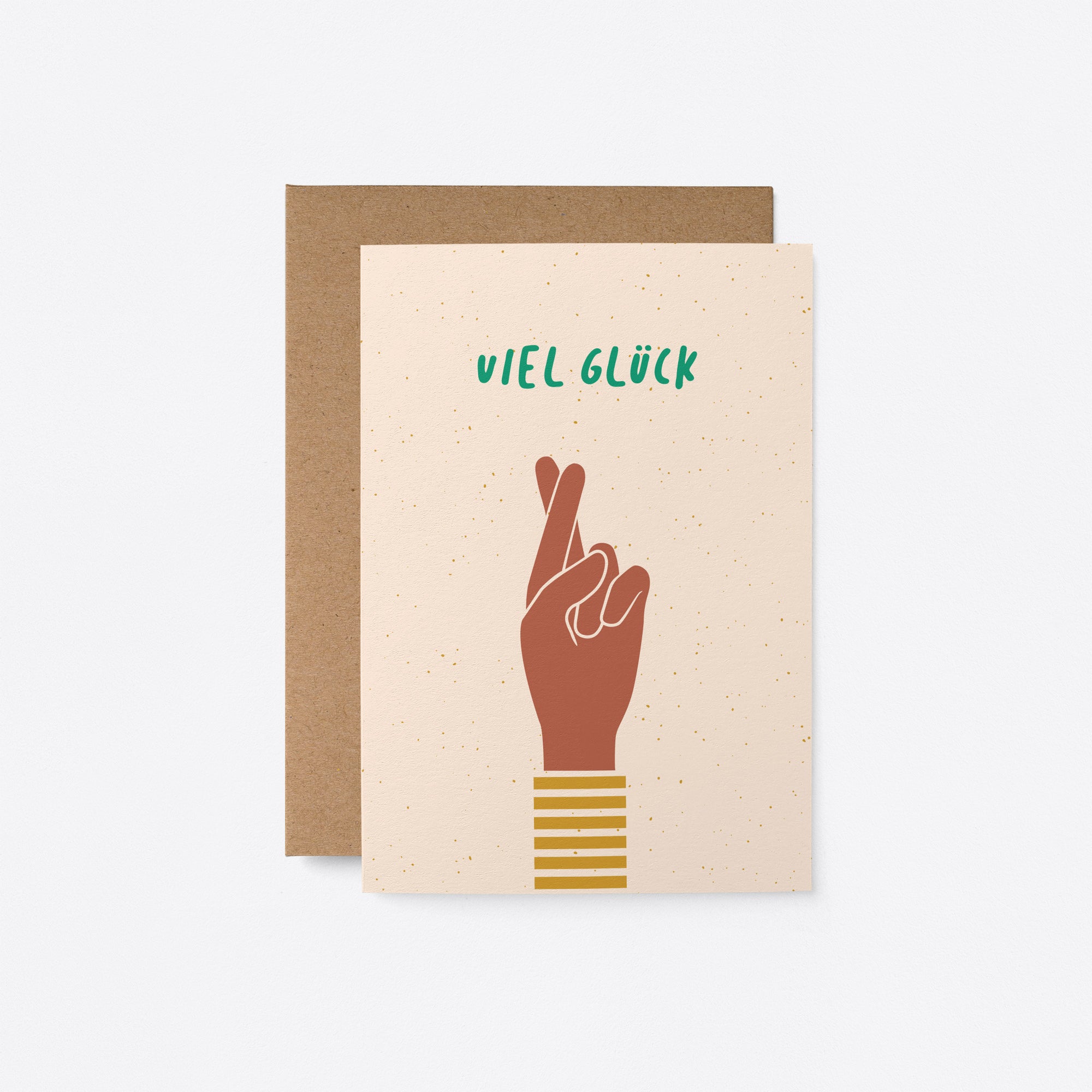 German Good luck card with brown fingers crossed hand gesture and a text that says Viel Glück