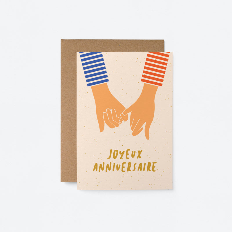 french anniversary card with two hands holding by little fingers and a text that says Joyeux anniversaire