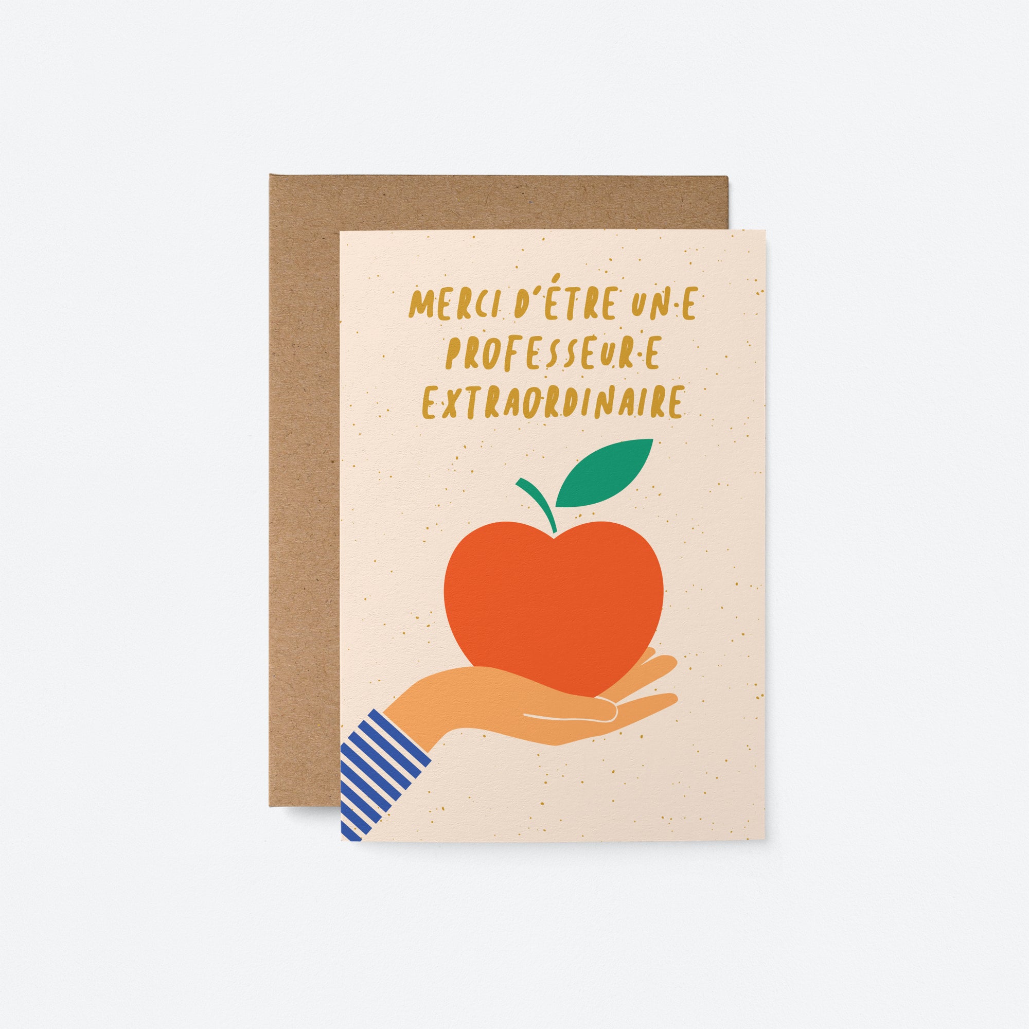 french thank you card with a hand holding a red apple and a text that says Merci d’être un·e professeur·e extraordinaire