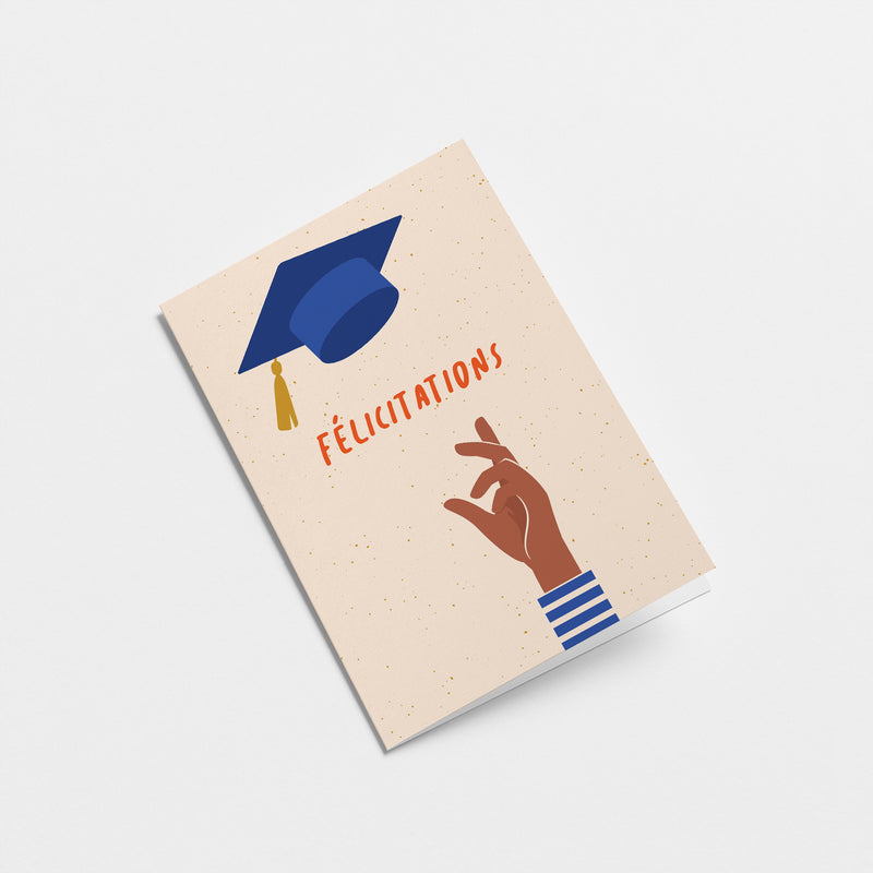 french congratulations graduation card with a black hand throwing blue graduation hat and a text that says Félicitations  Edit alt text