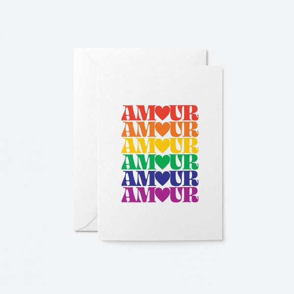 love card with 6 amour words in rainbow colors