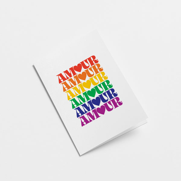 love card with 6 amour words in rainbow colors  Edit alt text