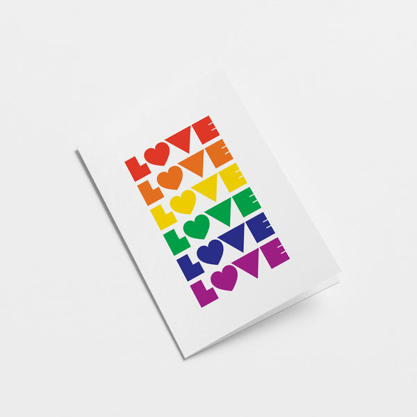 love card with 6 love words in rainbow colors  Edit alt text