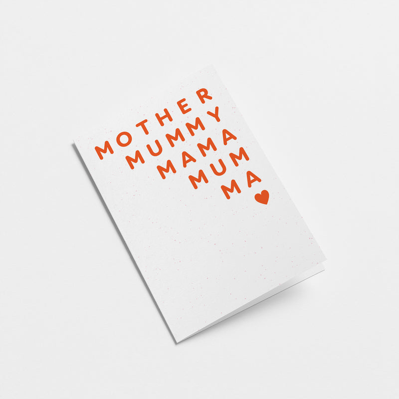 mother’s day card with a red text of mother mummy mama mum ma and a heart  Edit alt text