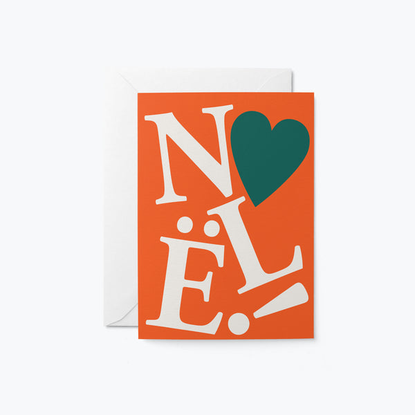 red christmas card with turned down letters and a red heart with a text of noel