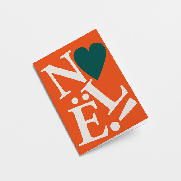 red christmas card with turned down letters and a red heart with a text of noel  Edit alt text
