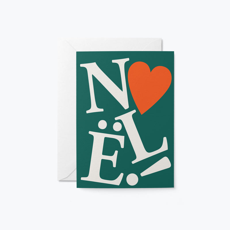 green christmas card with turned down letters and a red heart with a text of noel