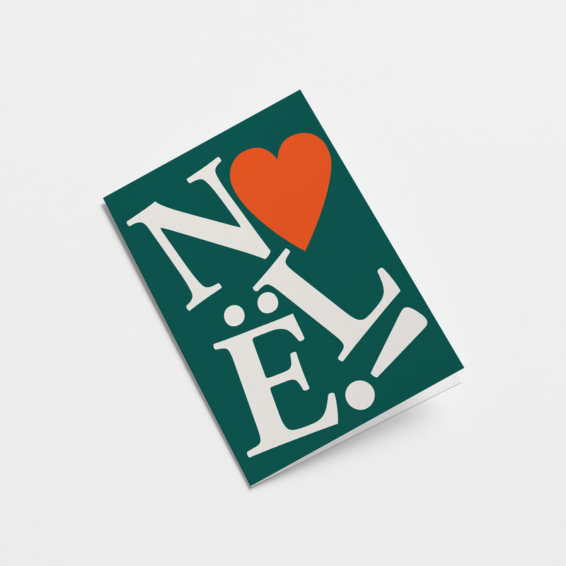 green christmas card with turned down letters and a red heart with a text of noel  Edit alt text