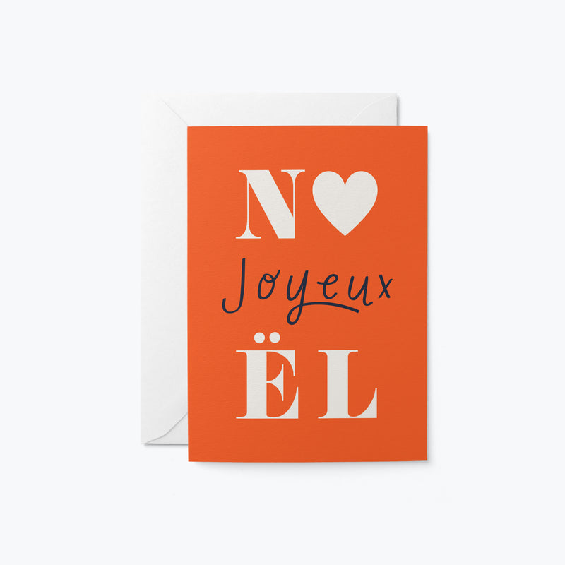 red christmas card with white heart and a text of joyeux noel