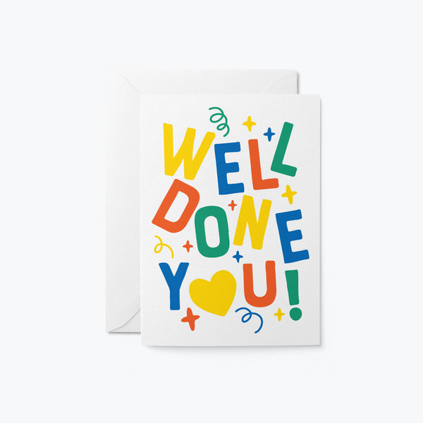 Congratulations graduation card with turned down letters with a text of well done you!