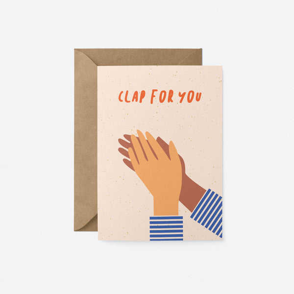 congratulations card with a yellow and a brown hand clapping with a text that says clap for you. Greeting card.
