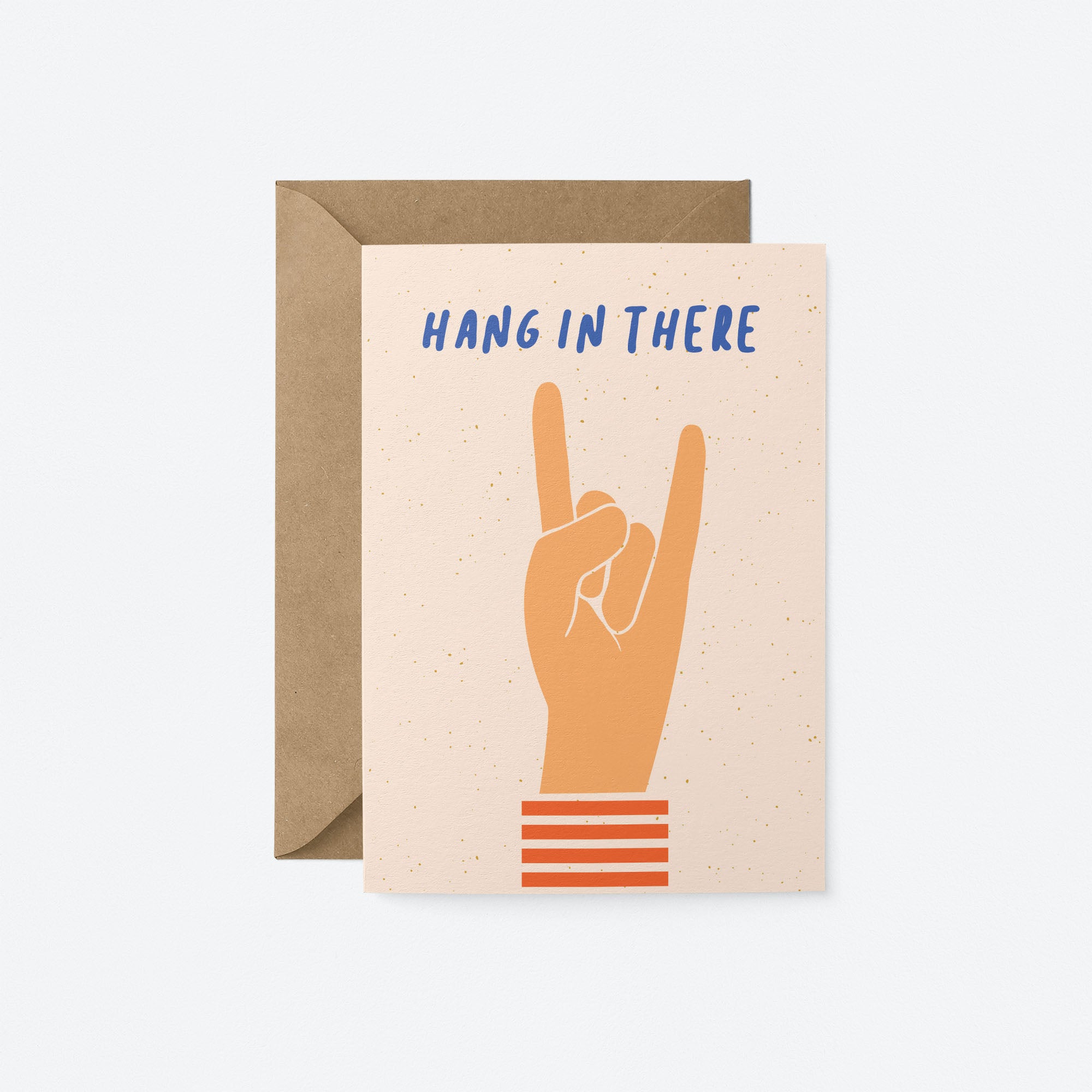 encouragement card with a hand and a gesture of sign of the horns with a text that says hang in there