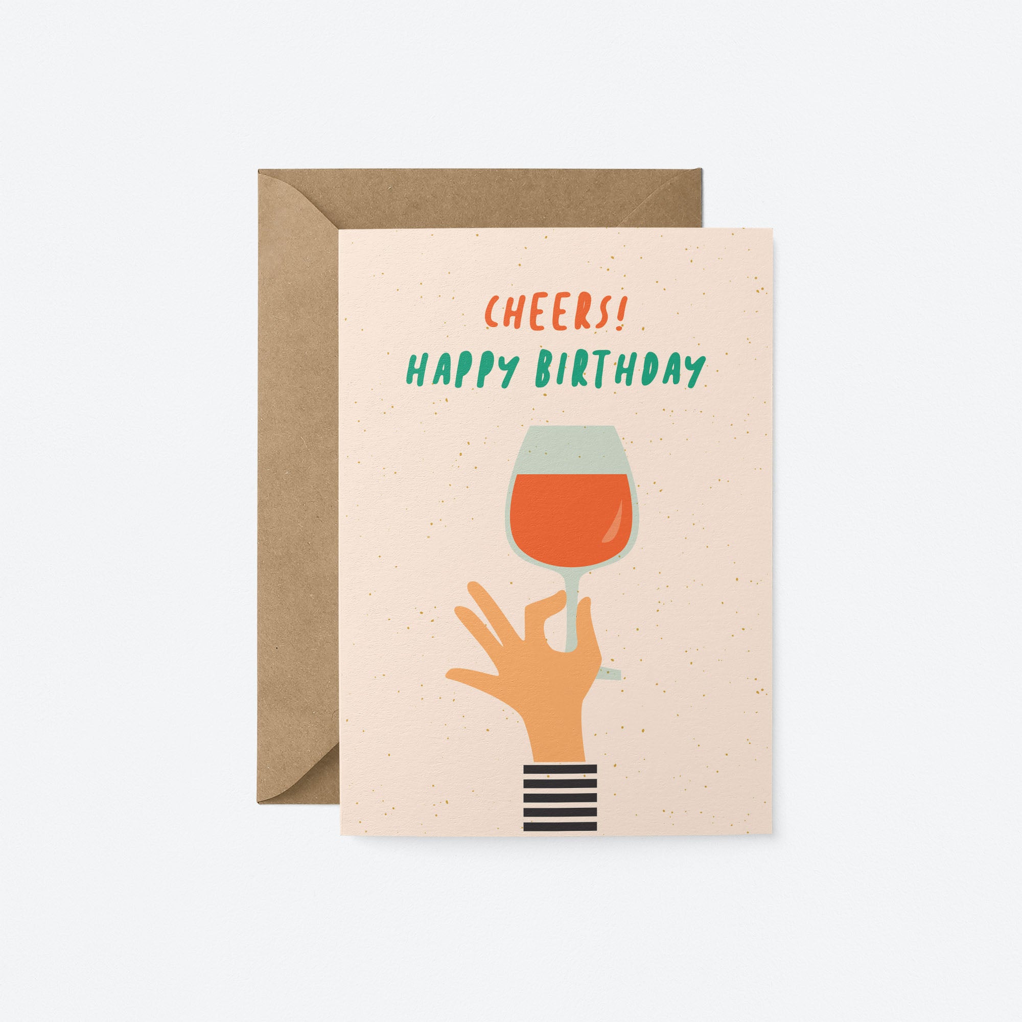 Birthday card with a hand holding a glass of wine and a text that says Cheers! Happy Birthday