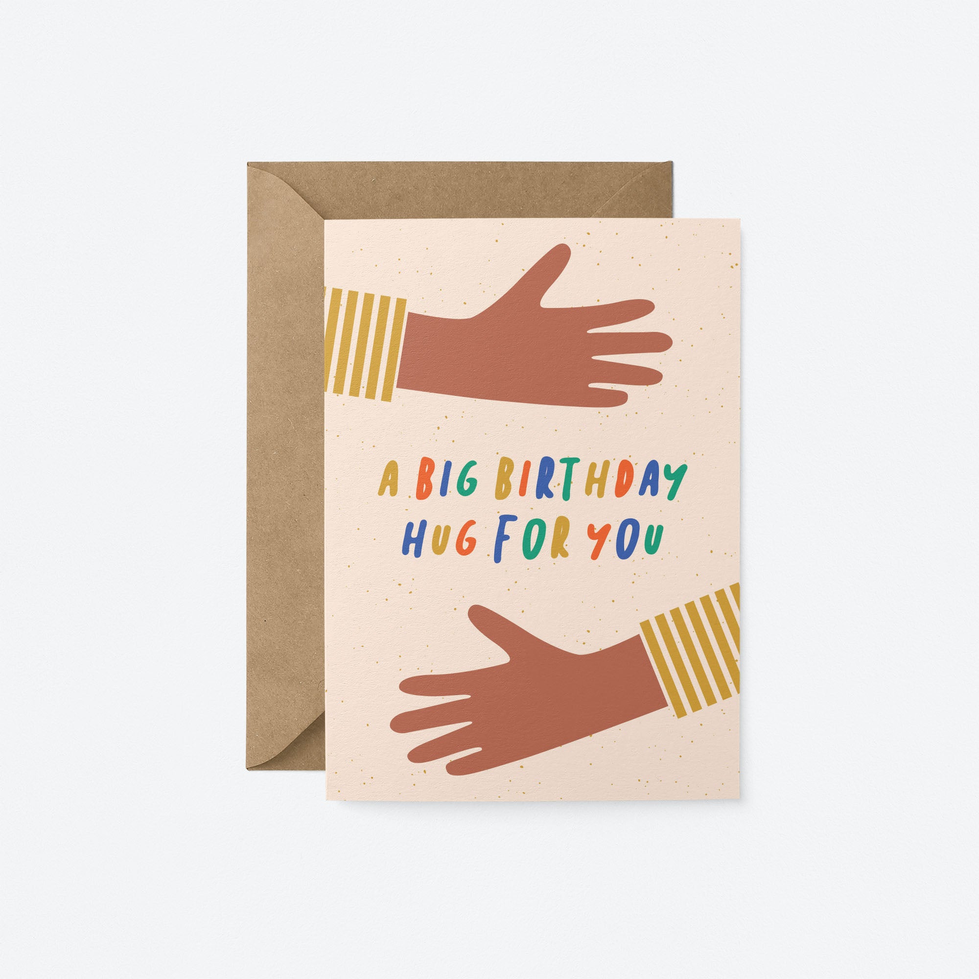 birthday card with two brown arms hugging with a text that says a big birthday hug for you