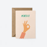 Greeting card with a perfect hand gesture and a text that says perfect