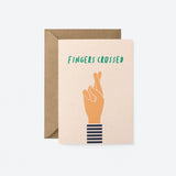 Good luck card with fingers crossed hand gesture and a text that says fingers crossed