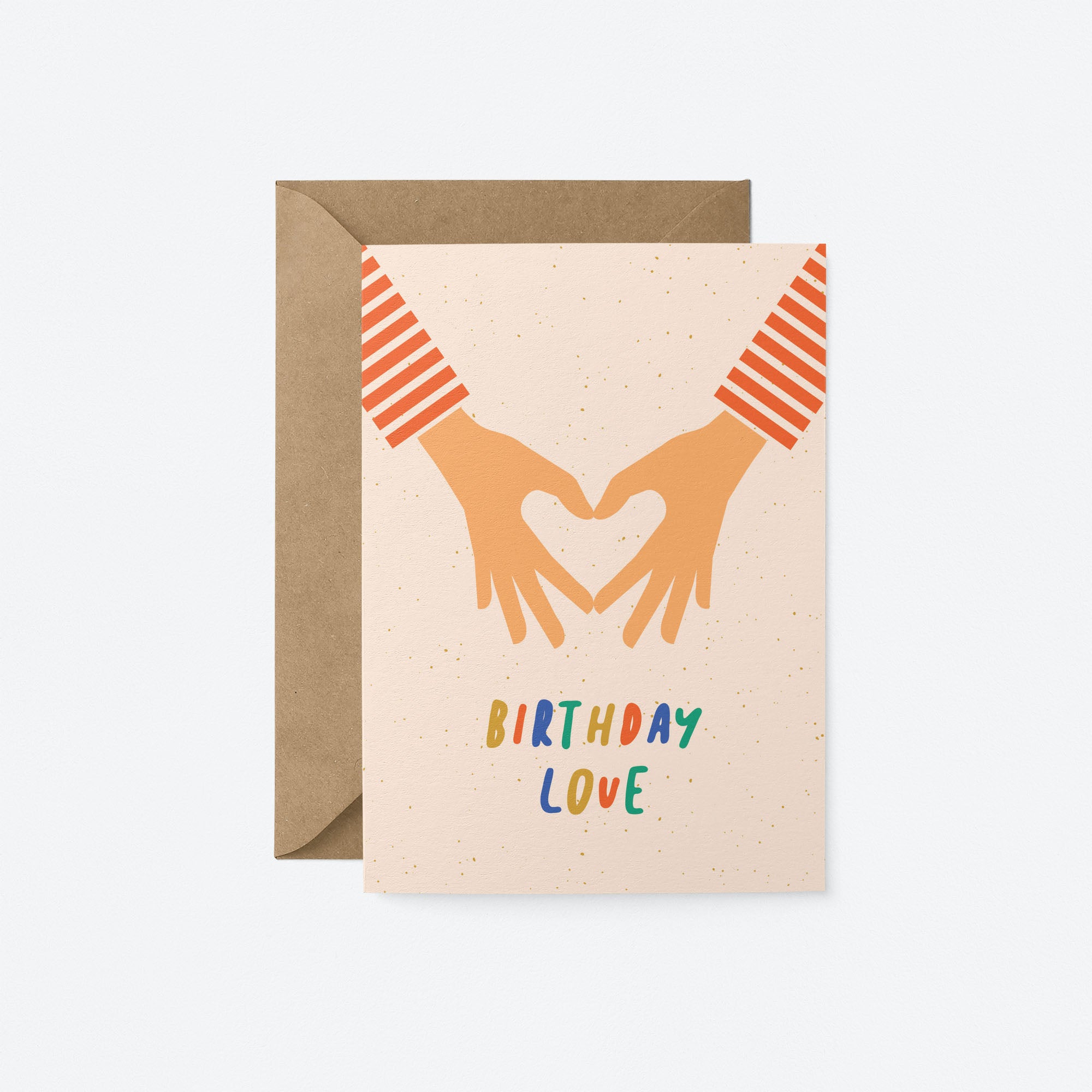 birthday card with 2 hands making heart shape with fingers and a text that says birthday love