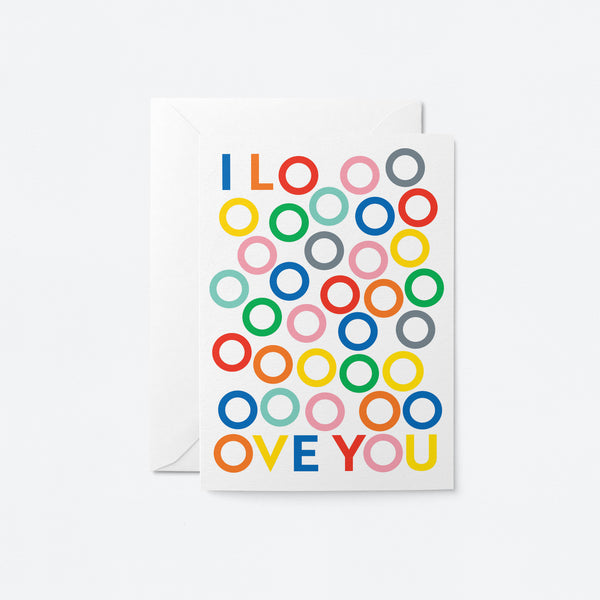 love card with colorful o letters and and a text of i love you