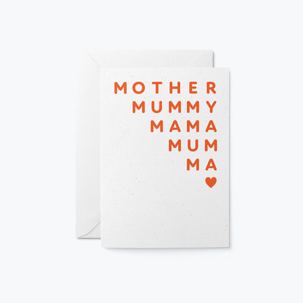 mother’s day card with a red text of mother mummy mama mum ma and a heart